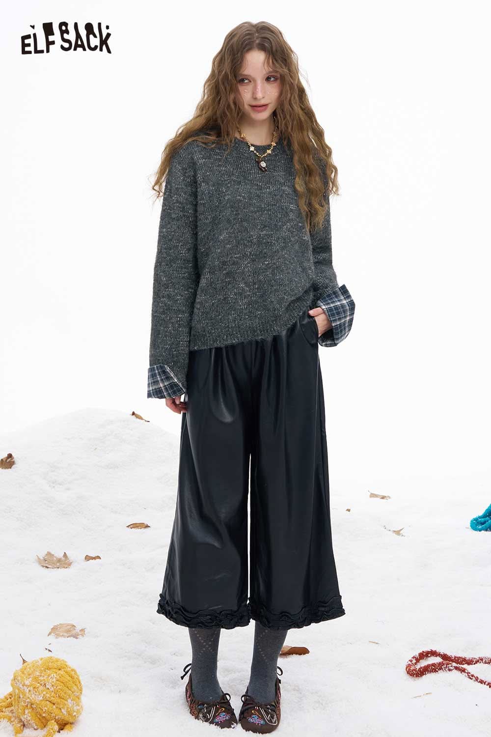 Women's plaid cuff sweater by ELFSACK styled with black wide-leg pants for a cozy winter look