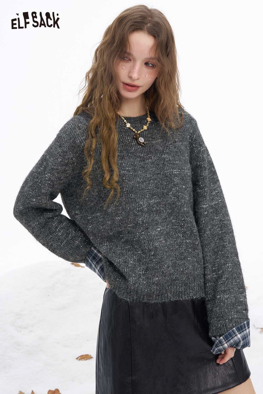 ELFSACK women's plaid cuff sweater in gray with stylish plaid accents at the cuffs