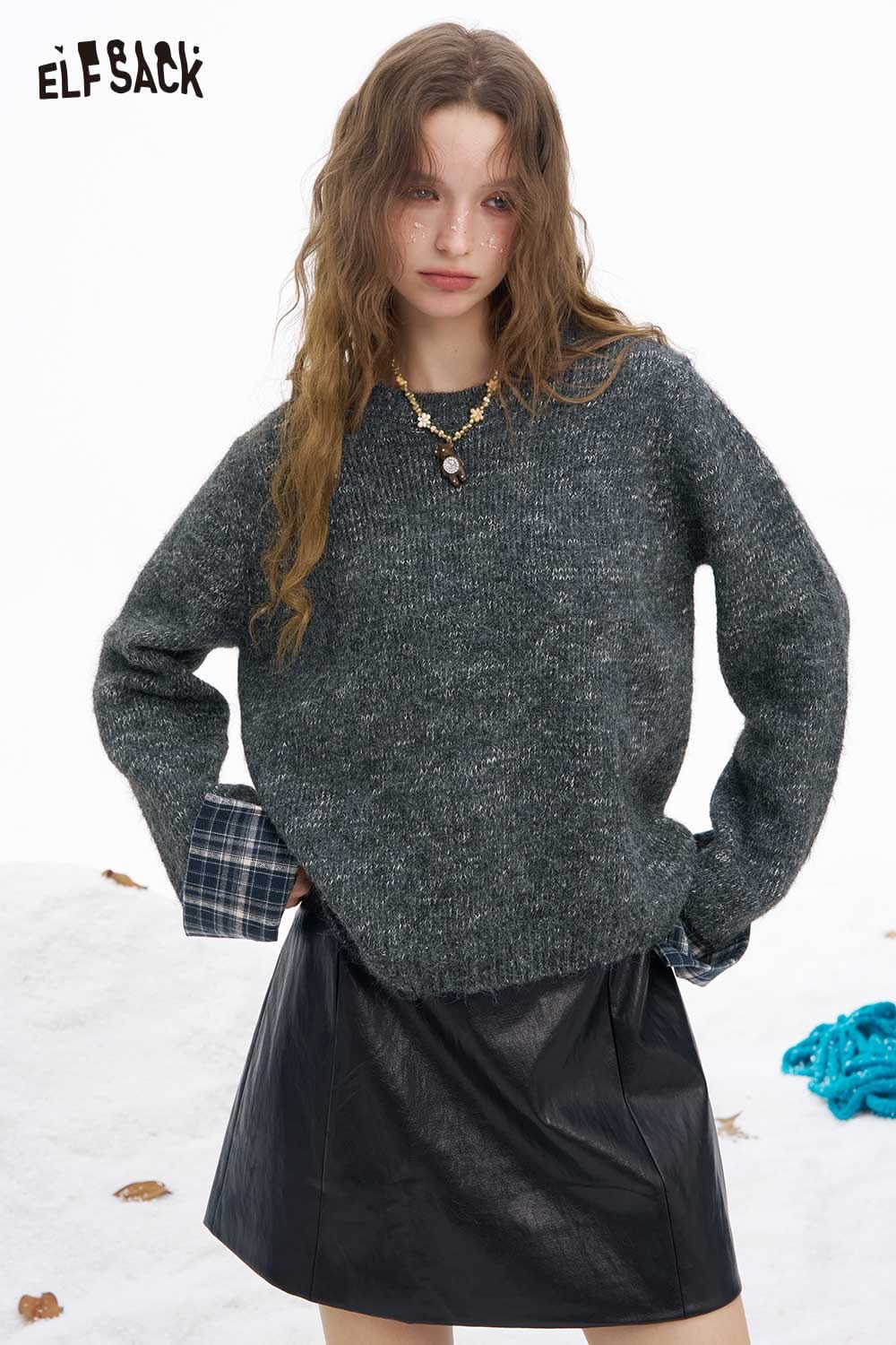 ELFSACK women's plaid cuff sweater in gray with stylish plaid detail for a trendy look