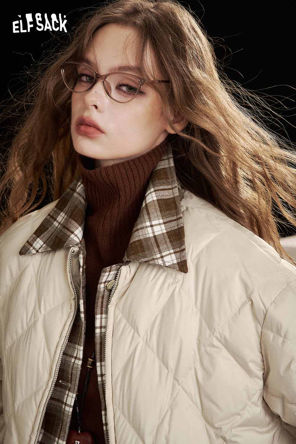 Young woman wearing a women's plaid down jacket with a stylish collar and glasses for a chic look