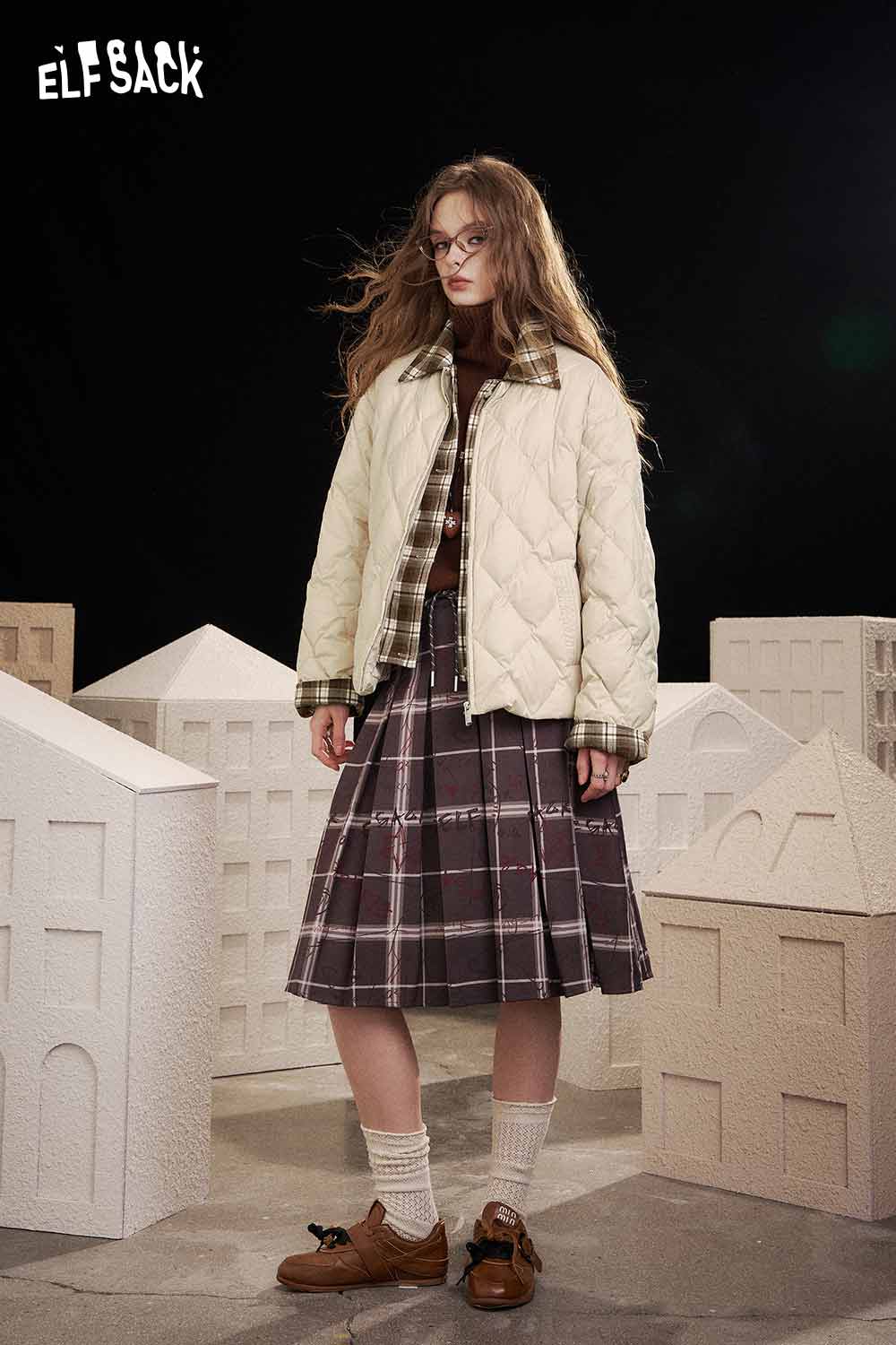 ELFSACK women's plaid down jacket in cream paired with a plaid skirt for a stylish winter look