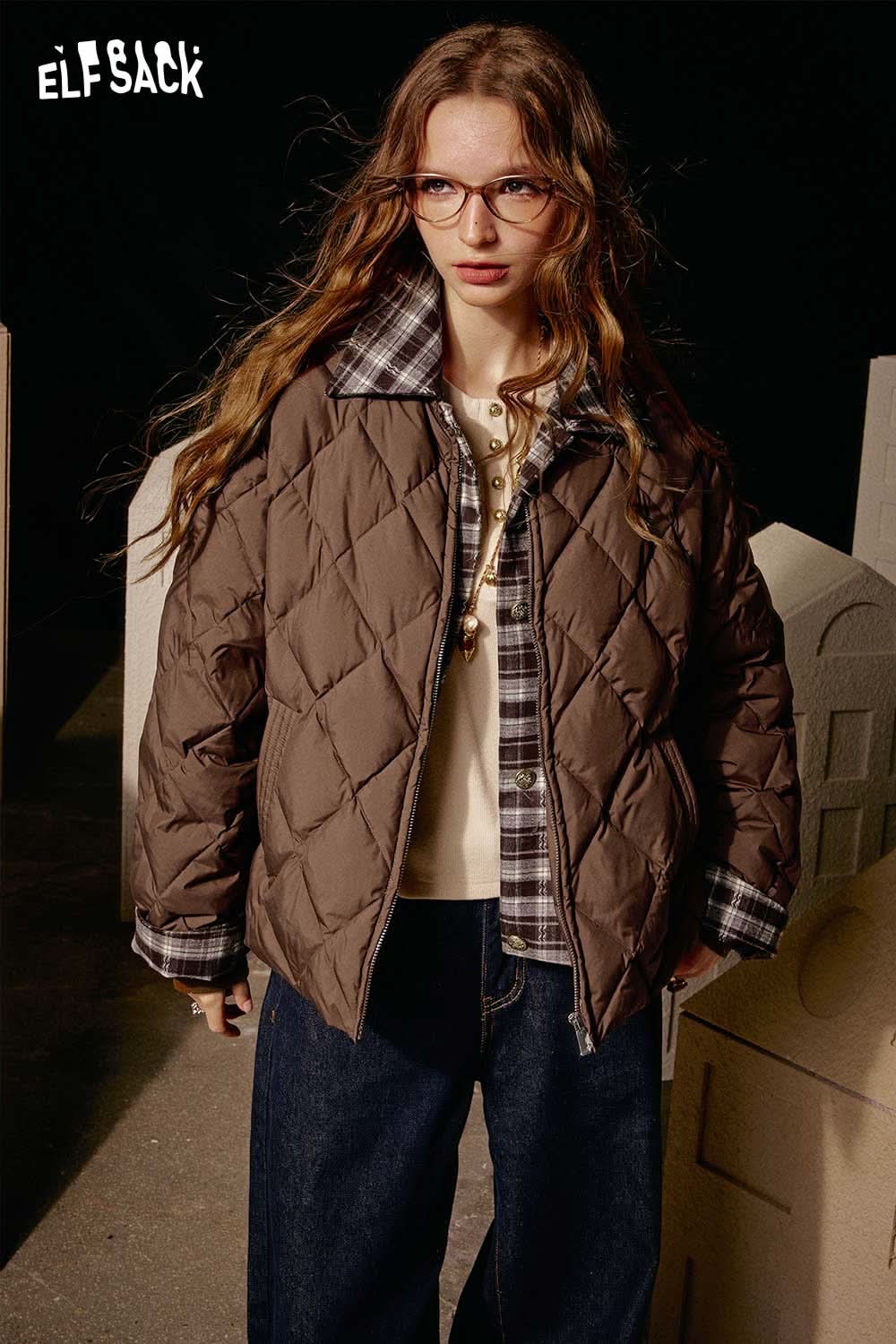 ELFSACK women's plaid down jacket featuring a quilted design and stylish plaid collar for warmth and style