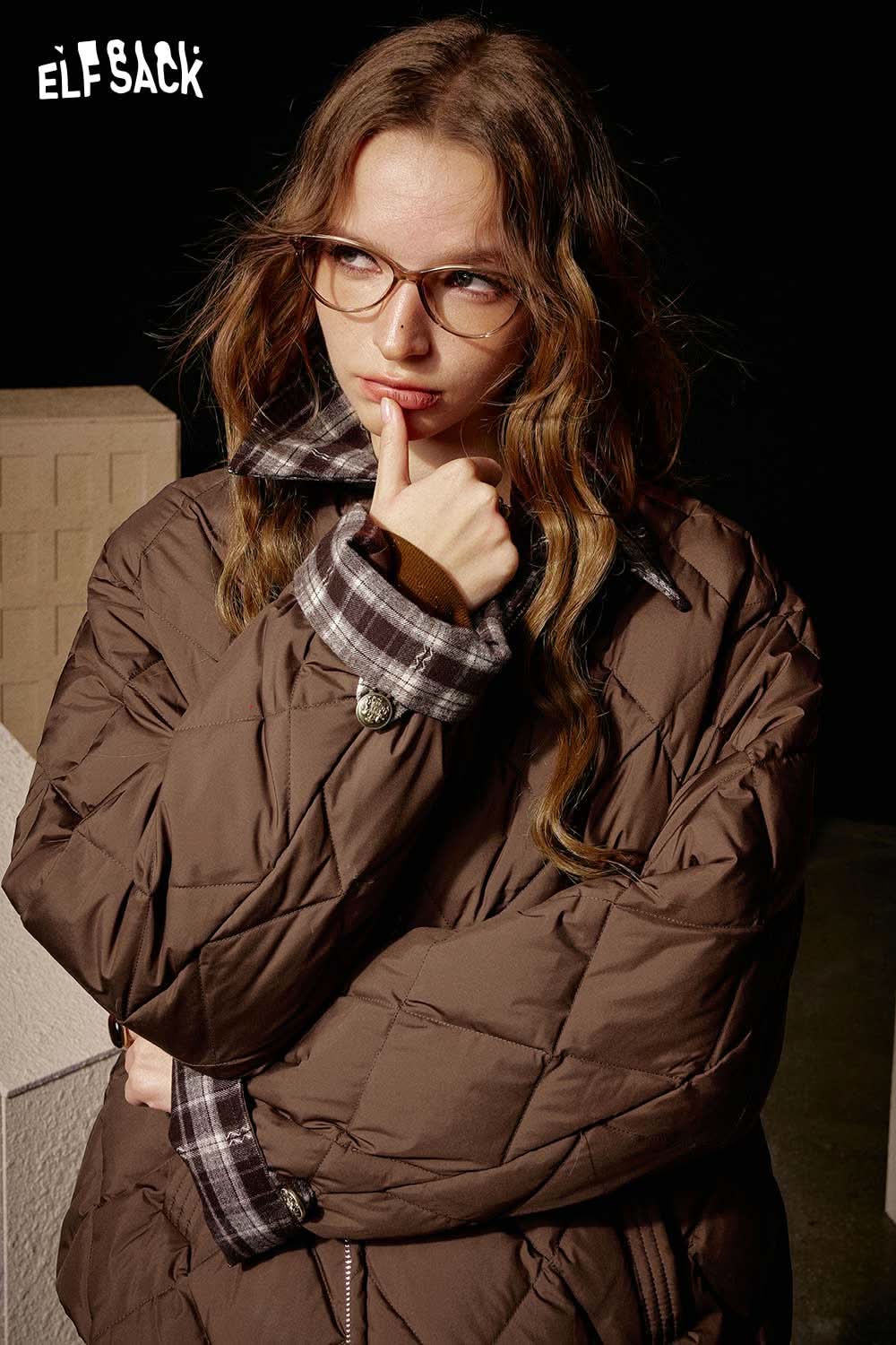 ELFSACK women's plaid down jacket featuring a stylish quilted design and warm fabric.