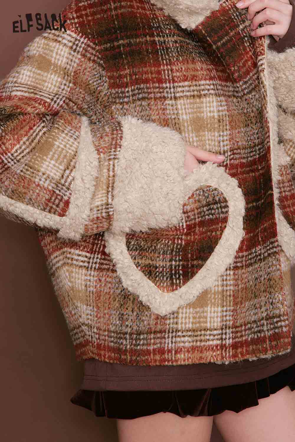 ELFSACK women's plaid faux wool jacket with cozy fleece detailing and heart-shaped pocket