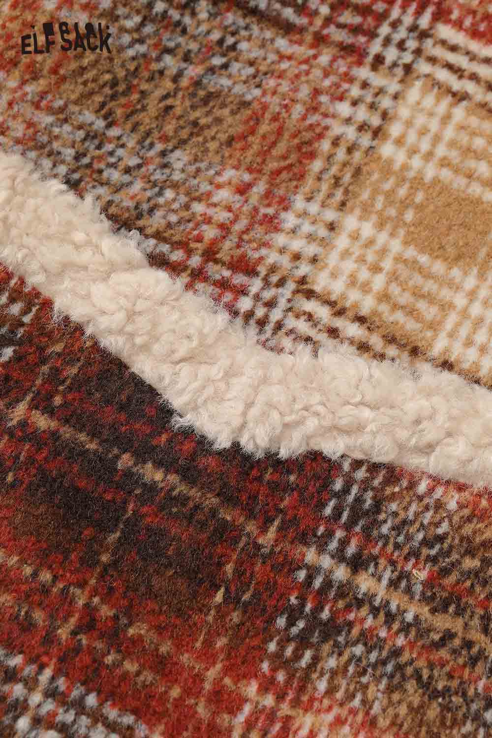Close-up of women's plaid faux wool jacket featuring soft texture and earth-tone colors