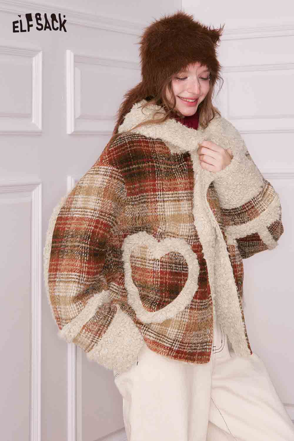 ELFSACK women's plaid faux wool jacket featuring a heart design and cozy oversized fit