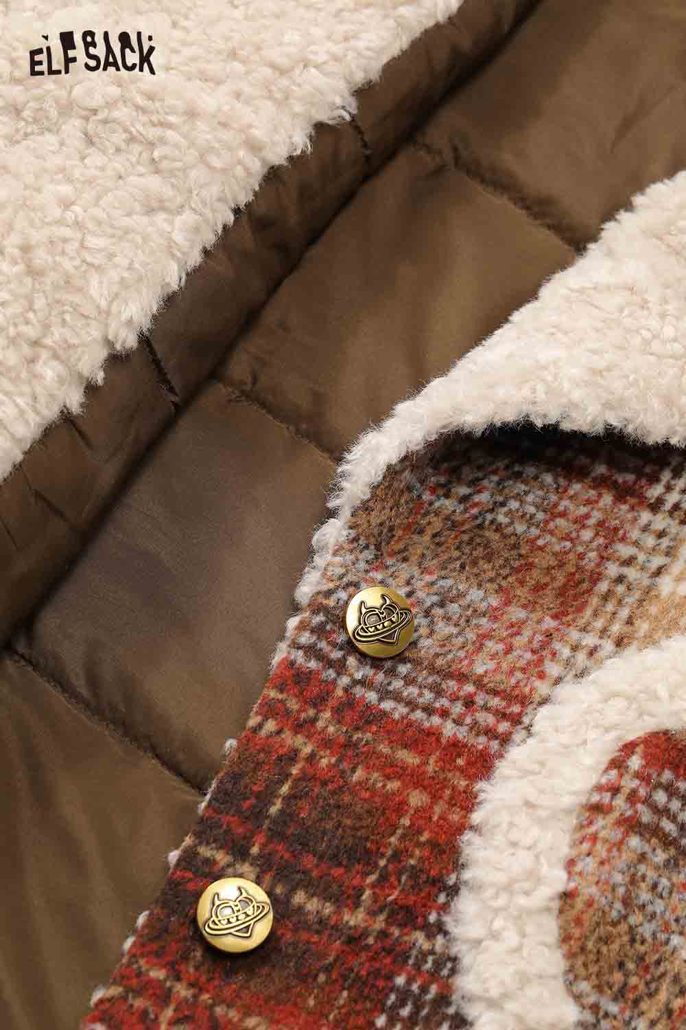 Interior view of ELFSACK women's plaid faux wool jacket showcasing cozy lining and stylish buttons