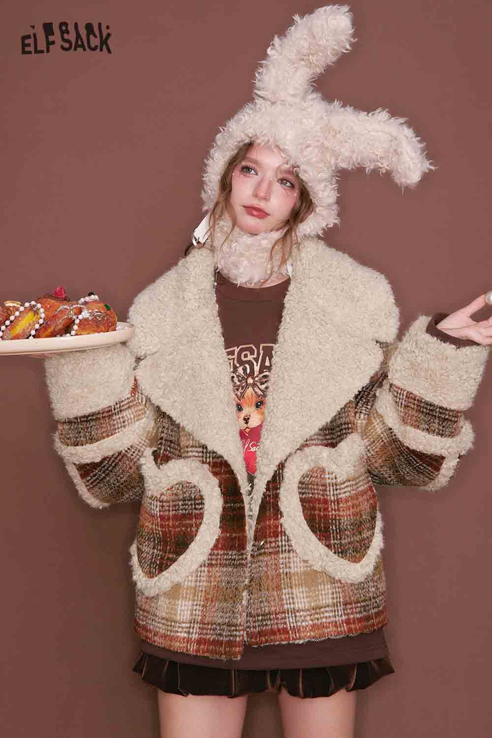 ELFSACK women's plaid faux wool jacket with cozy design and oversized fit for trendy winter style