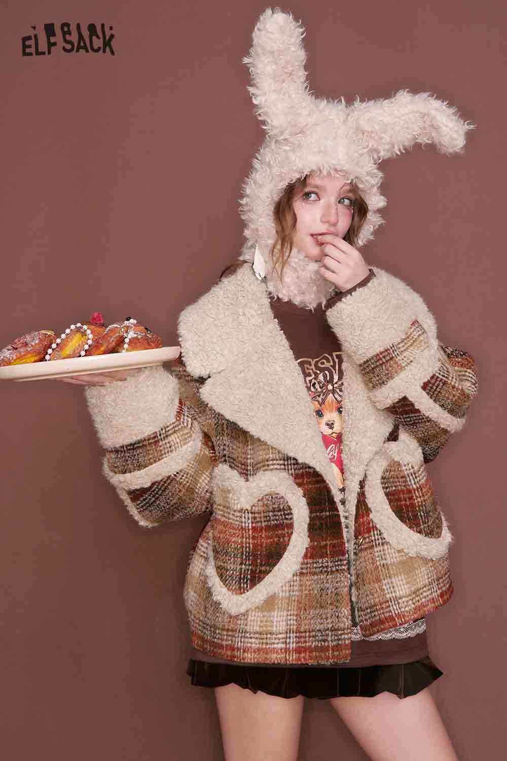 ELFSACK women's plaid faux wool jacket with oversized fit and cozy design, perfect for stylish winter wear