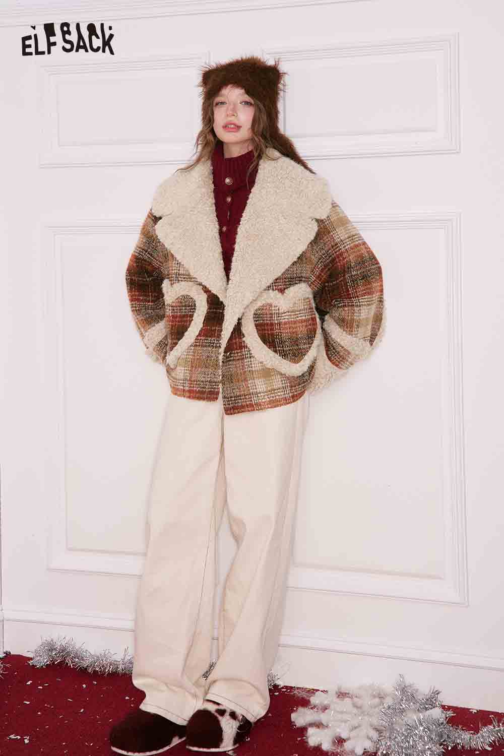 ELFSACK women's plaid faux wool jacket with cozy shearling collar and heart-shaped pockets