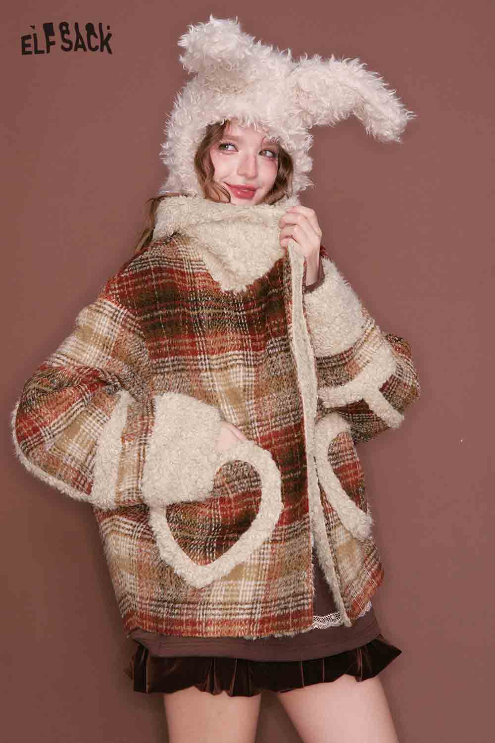 ELFSACK women's plaid faux wool jacket with cozy oversized fit and soft texture