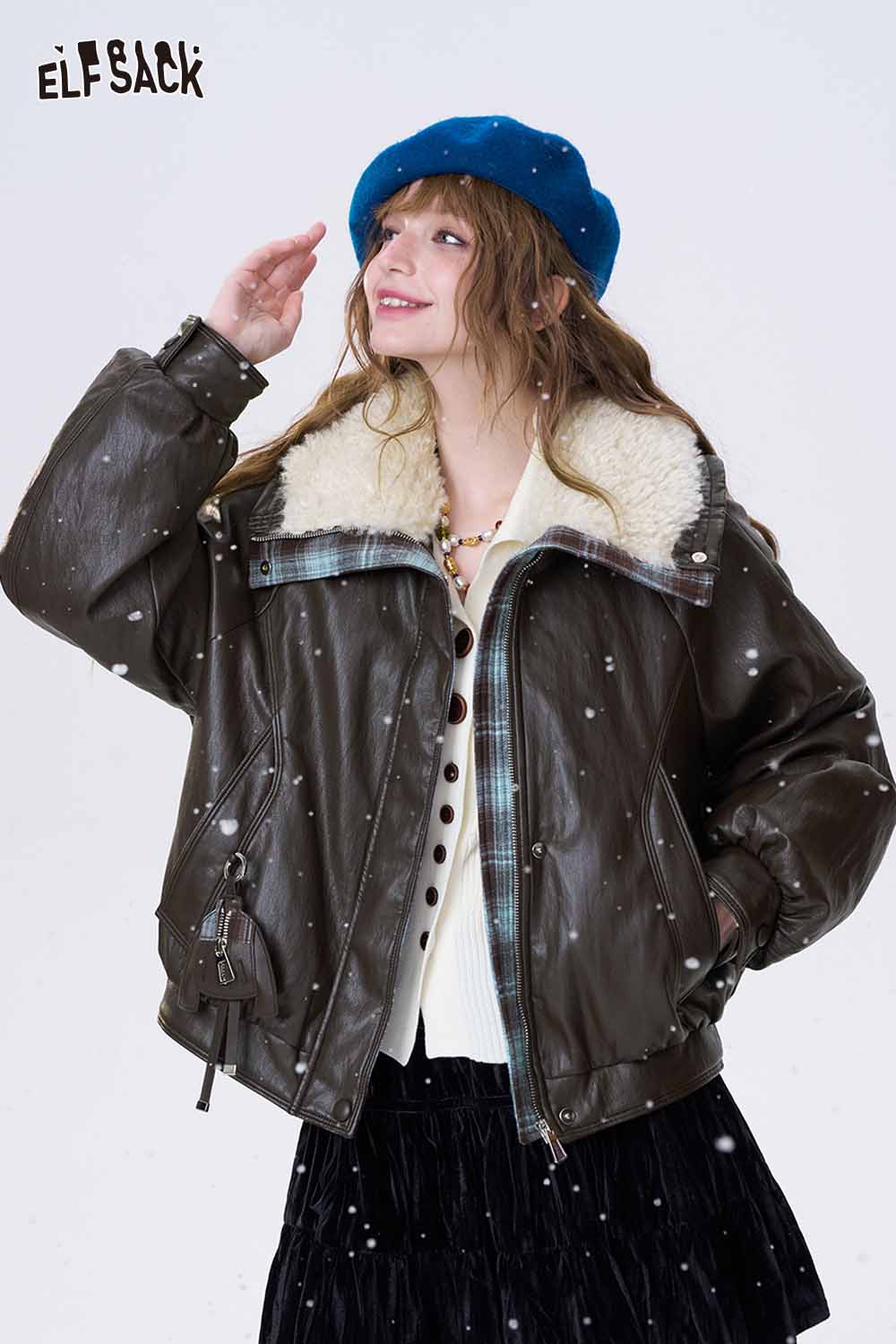 ELFSACK women's plaid leather jacket with faux fur collar, perfect for stylish winter layering