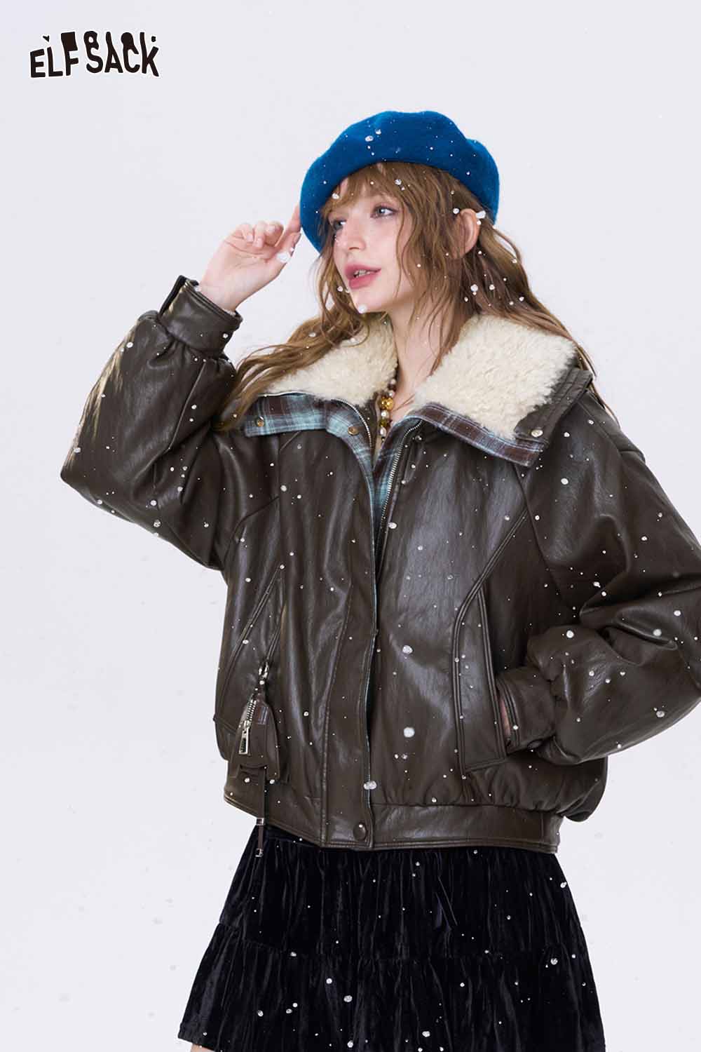 ELFSACK women's plaid leather jacket with faux fur collar, perfect for winter style and warmth