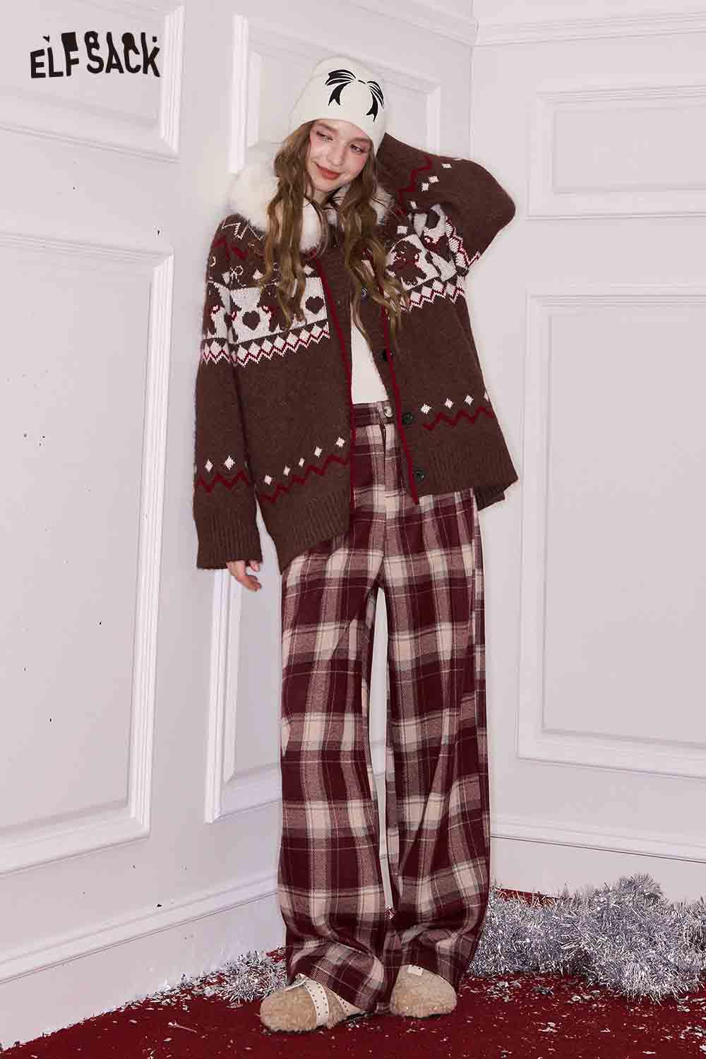 ELFSACK women's plaid straight pants in burgundy with a cozy knit cardigan and winter hat