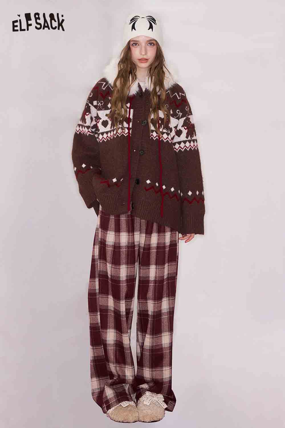 ELFSACK women's plaid straight pants featuring a loose fit and a stylish checkered pattern