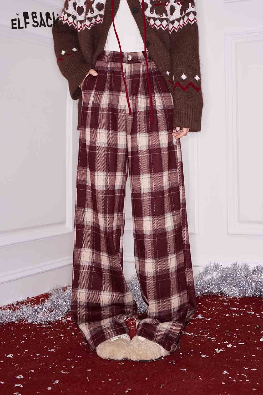 ELFSACK women's plaid straight pants in burgundy and cream with a relaxed fit and wide legs