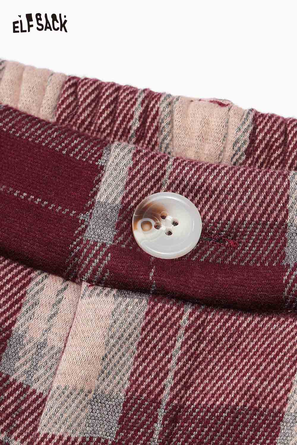 Close-up of ELFSACK women's plaid straight pants featuring a stylish button and textured fabric