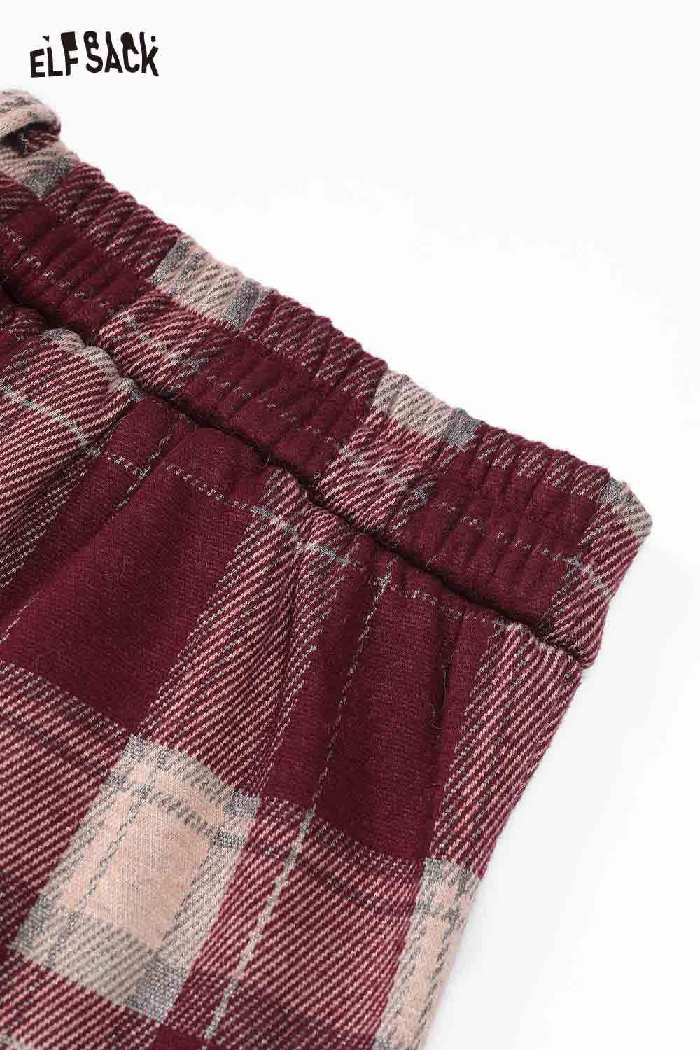 ELFSACK women's plaid straight pants with an elastic waistband in a stylish maroon plaid pattern