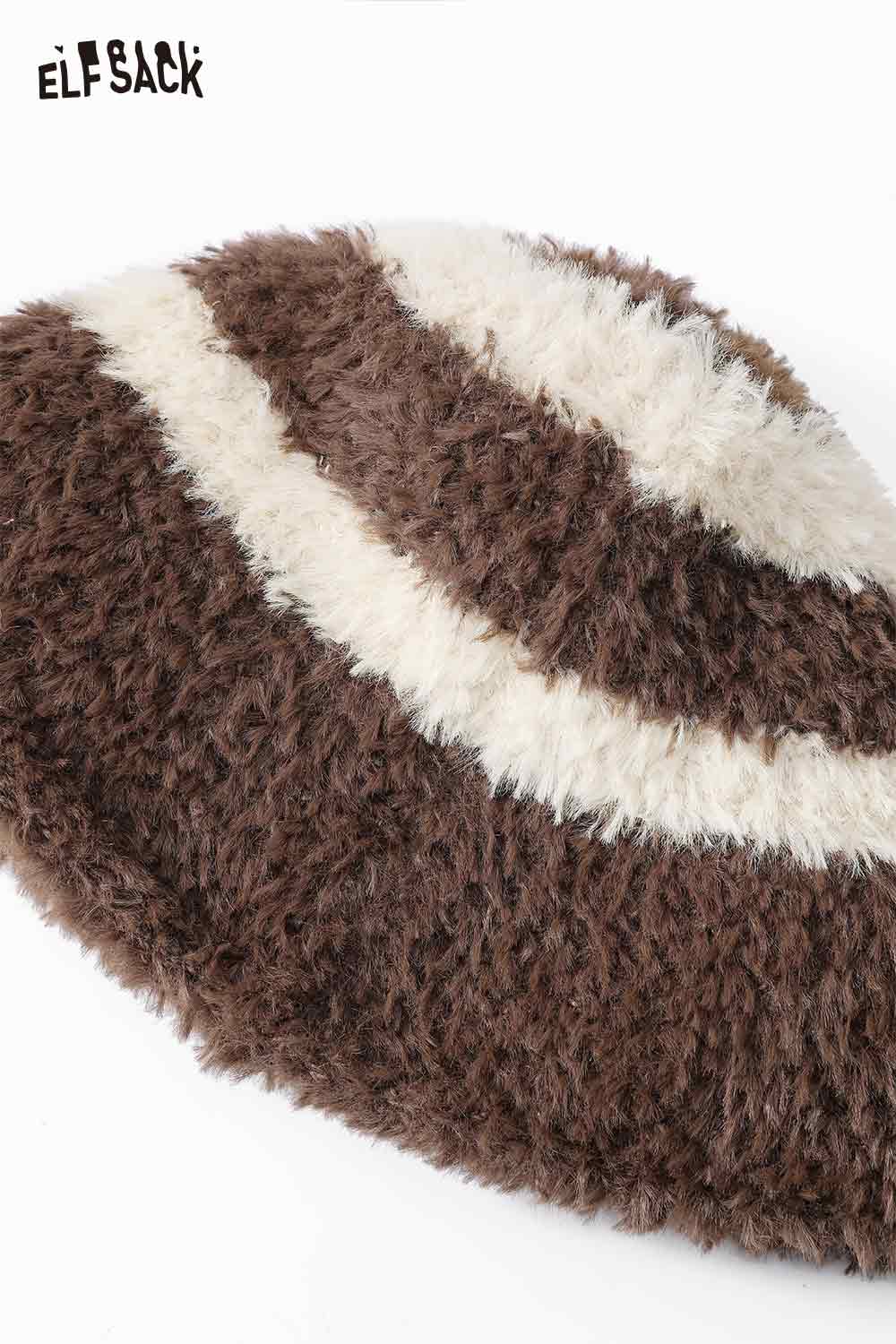 ELFSACK women's plush bucket hat with soft fuzzy texture and stylish striped design