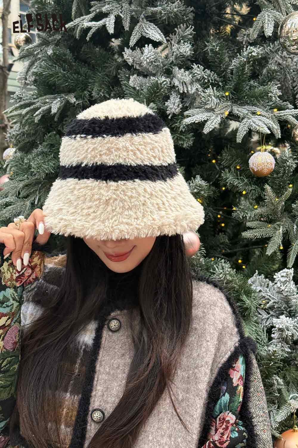 ELFSACK women's plush bucket hat with a cozy design and black stripes for winter style