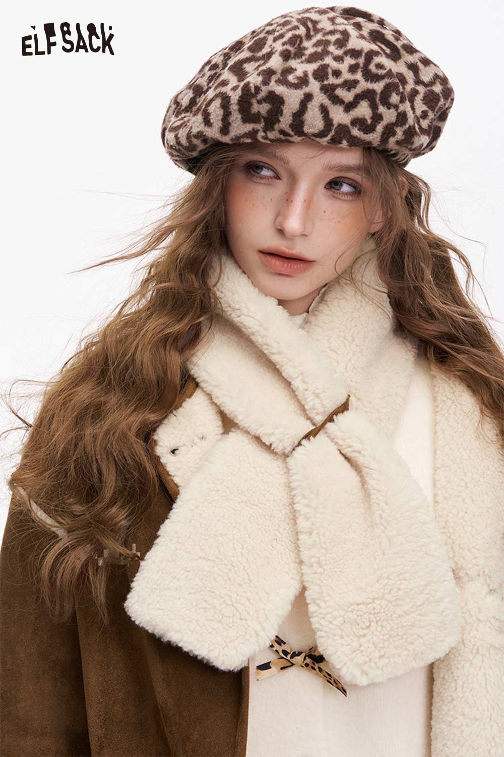 ELFSACK women's plush button coat styled with a cozy scarf and a leopard print beret
