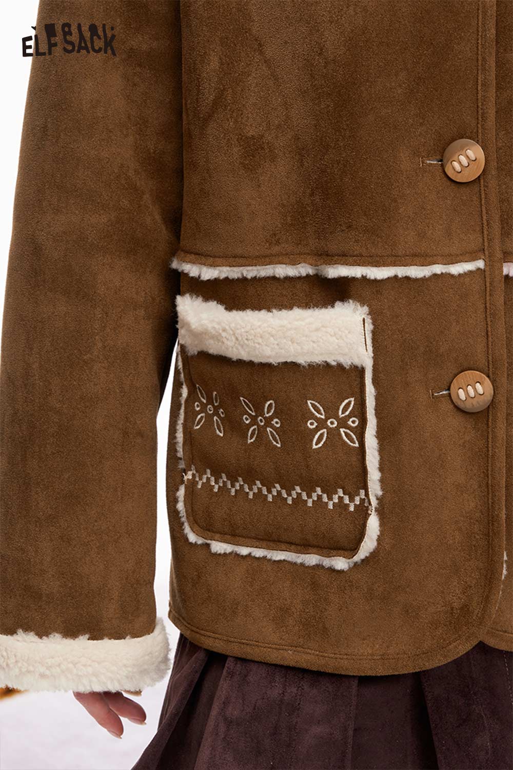 ELFSACK women's plush button coat with embroidered pocket details in brown for cozy winter style