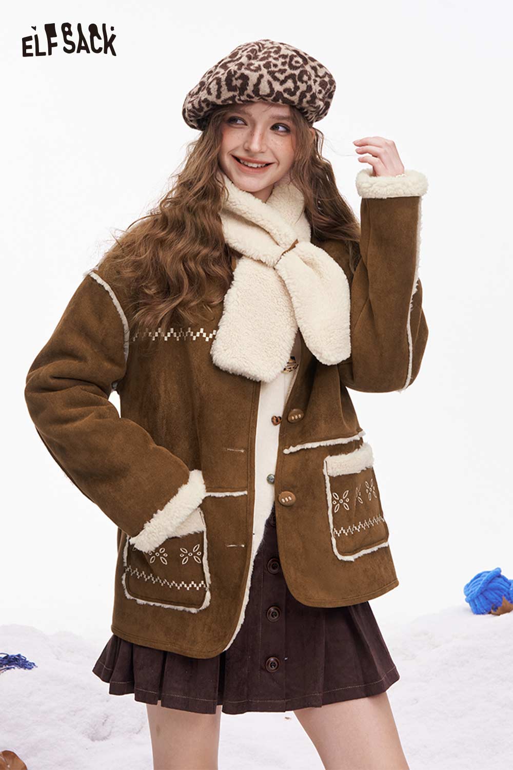 ELFSACK women's plush button coat in brown with decorative pockets and soft fleece collar