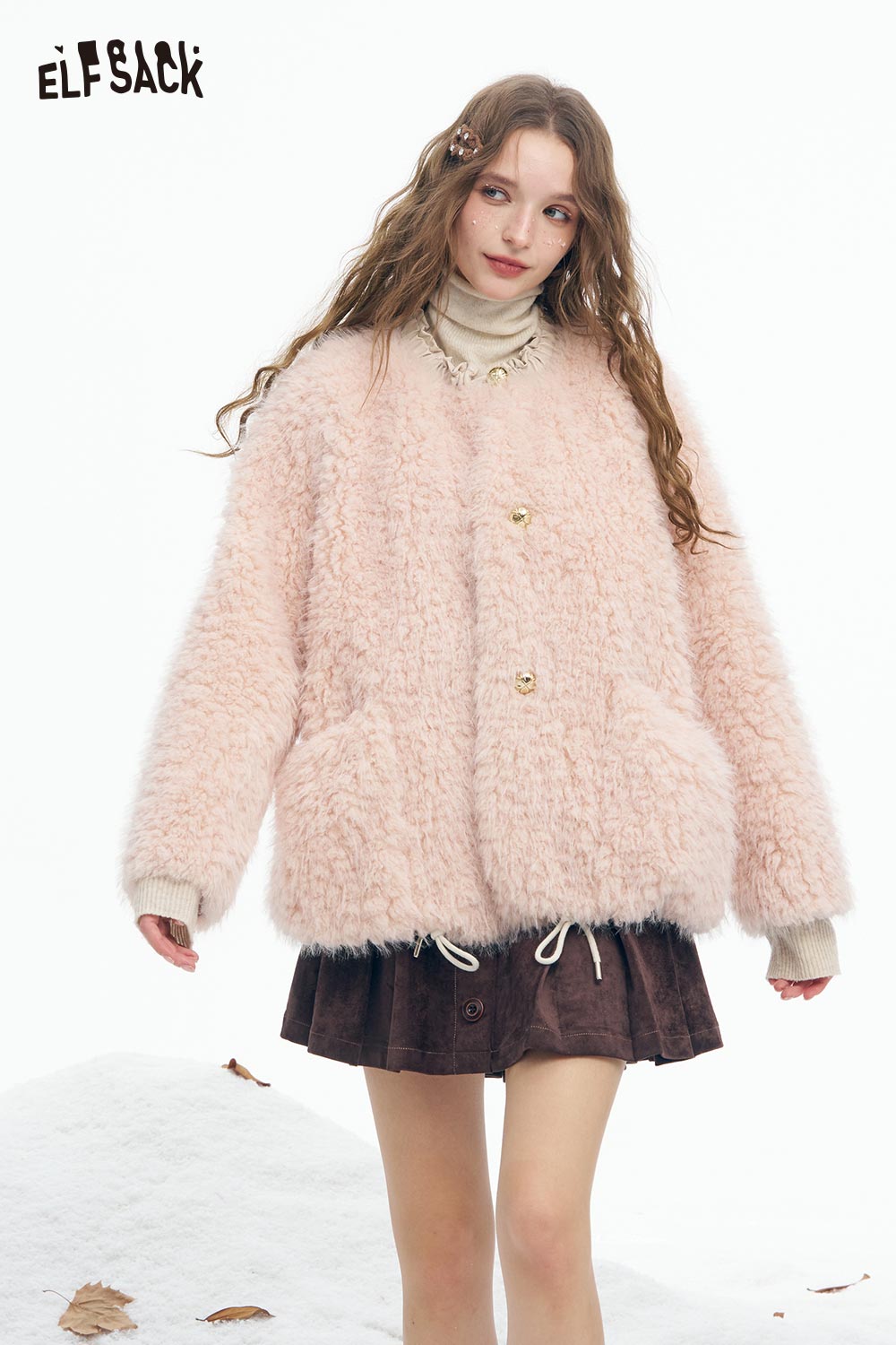 ELFSACK women's plush coat in soft pink with oversized fit and button closure for cozy style
