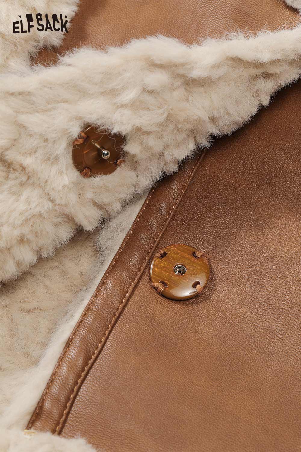 Close-up of ELFSACK women’s plush heart pocket coat featuring soft lining and stylish buttons