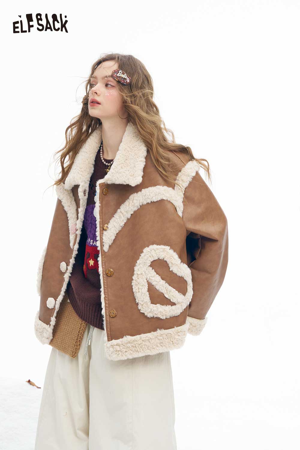 ELFSACK women's plush heart pocket coat in brown with stylish design and soft fleece details