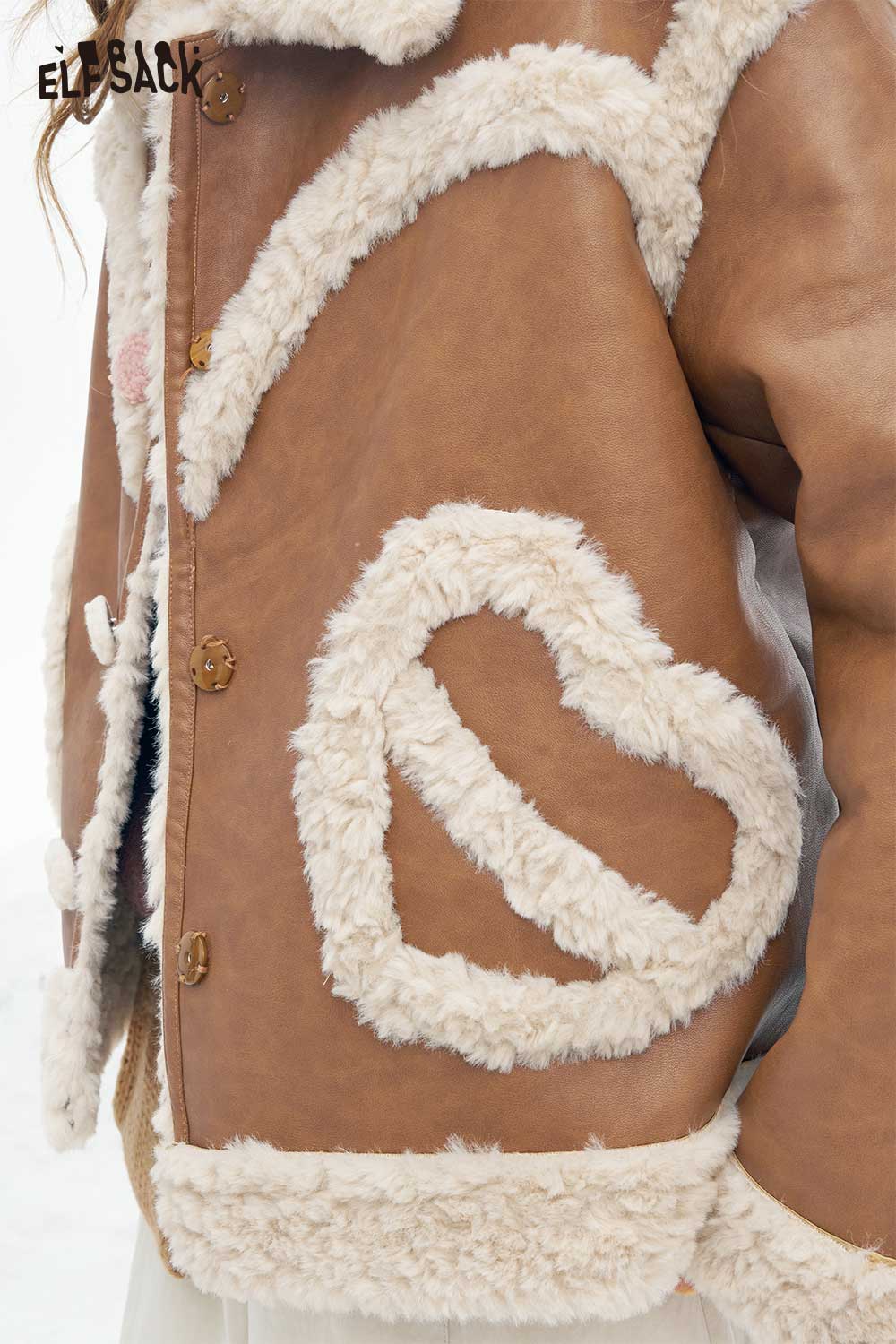 ELFSACK women’s plush heart pocket coat in tan with unique fur detailing and heart-shaped accents