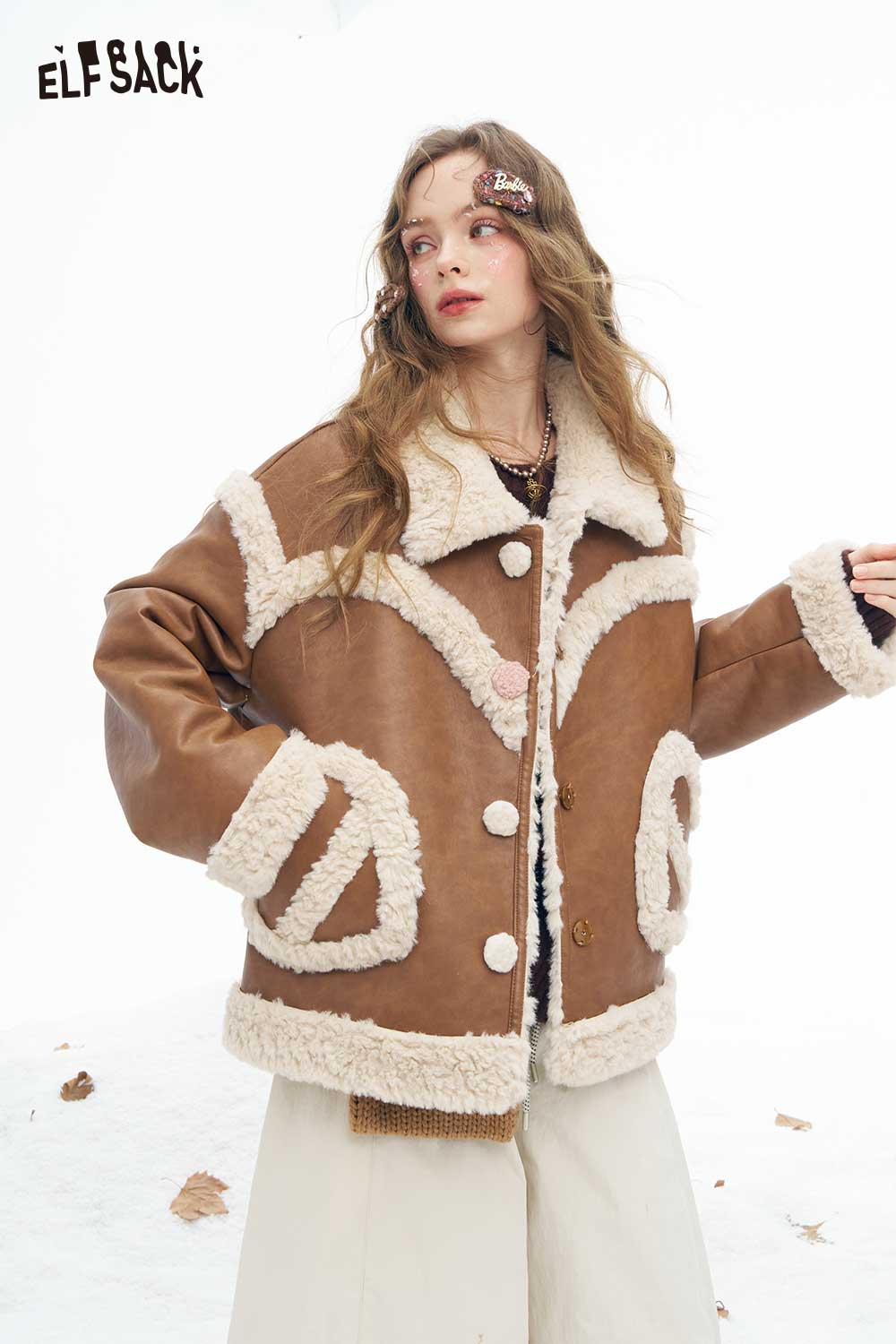 ELFSACK women’s plush heart pocket coat in brown with fur trim and stylish buttons for winter fashion