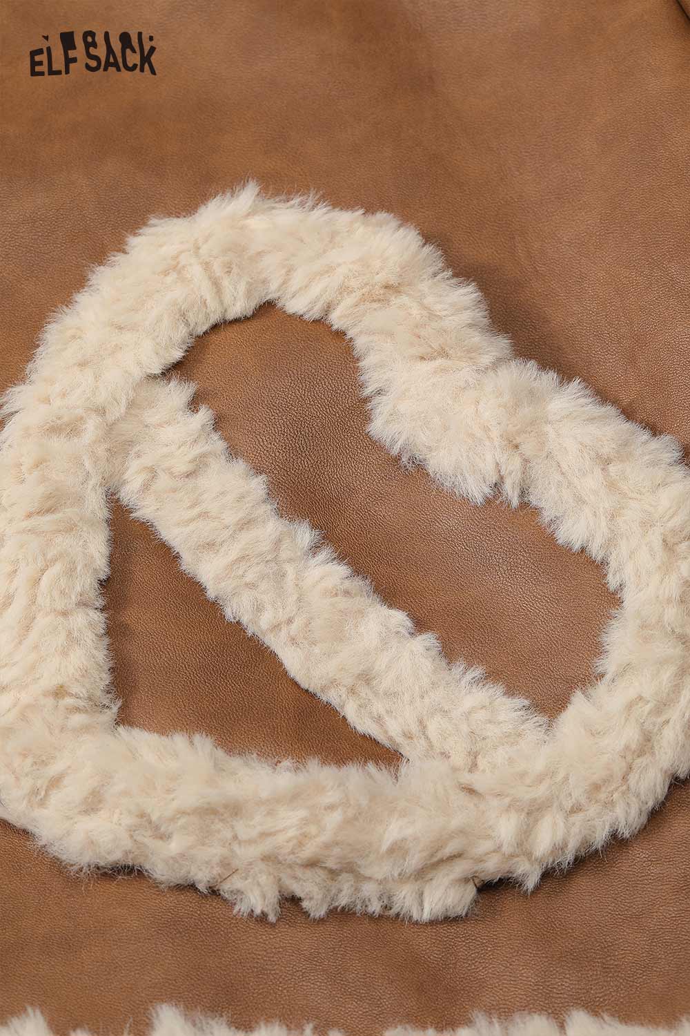 Close-up of ELFSACK women’s plush heart pocket coat featuring a soft, fluffy heart design