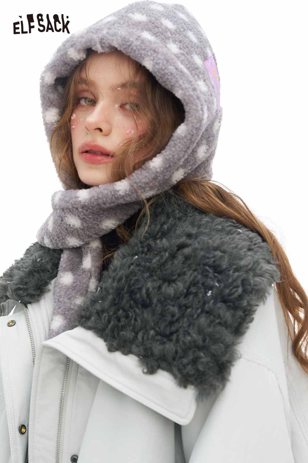 ELFSACK women's plush lapel coat featuring a stylish hood and cozy fleece detailing