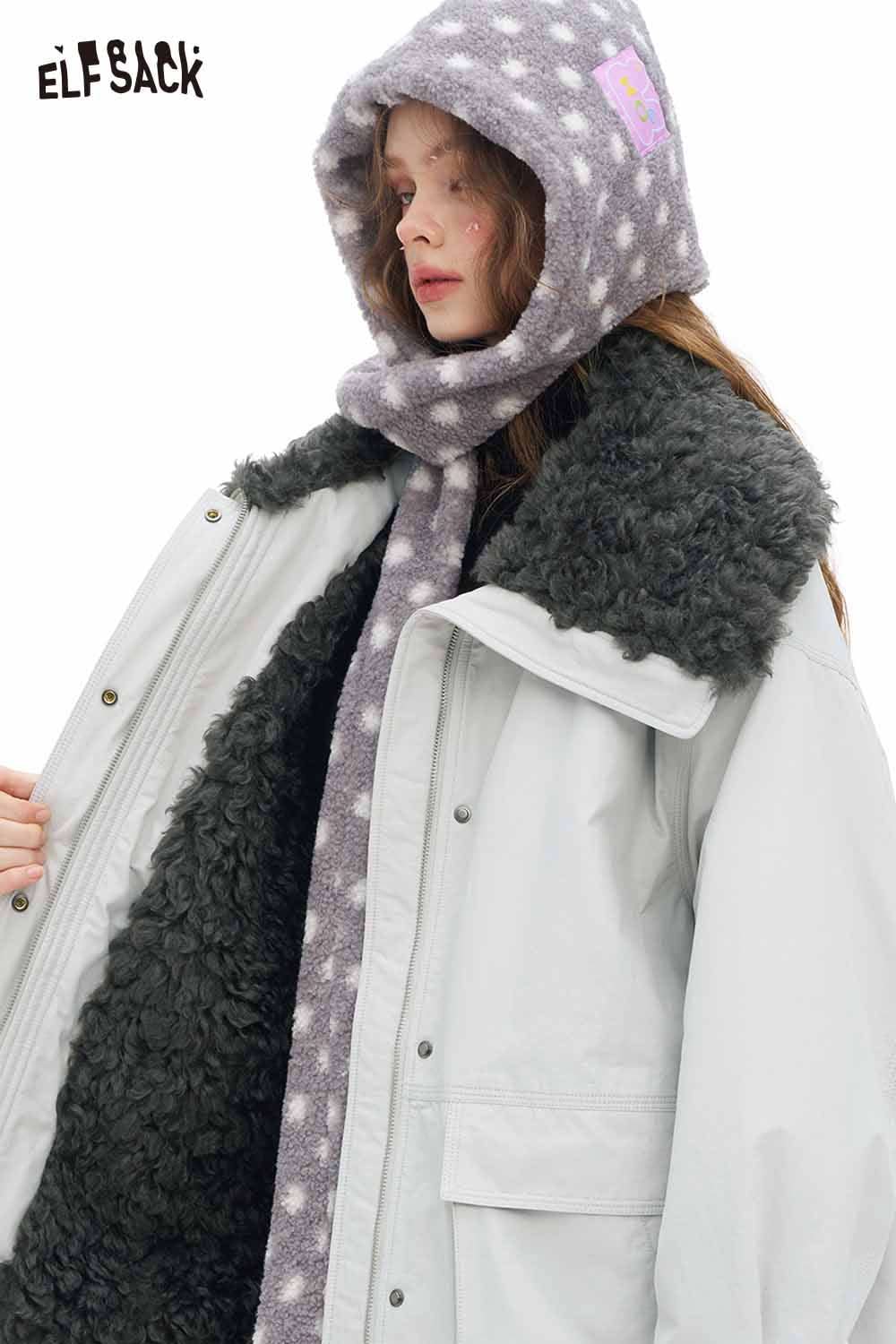 ELFSACK women's plush lapel coat featuring a cozy hood and soft lining for winter comfort