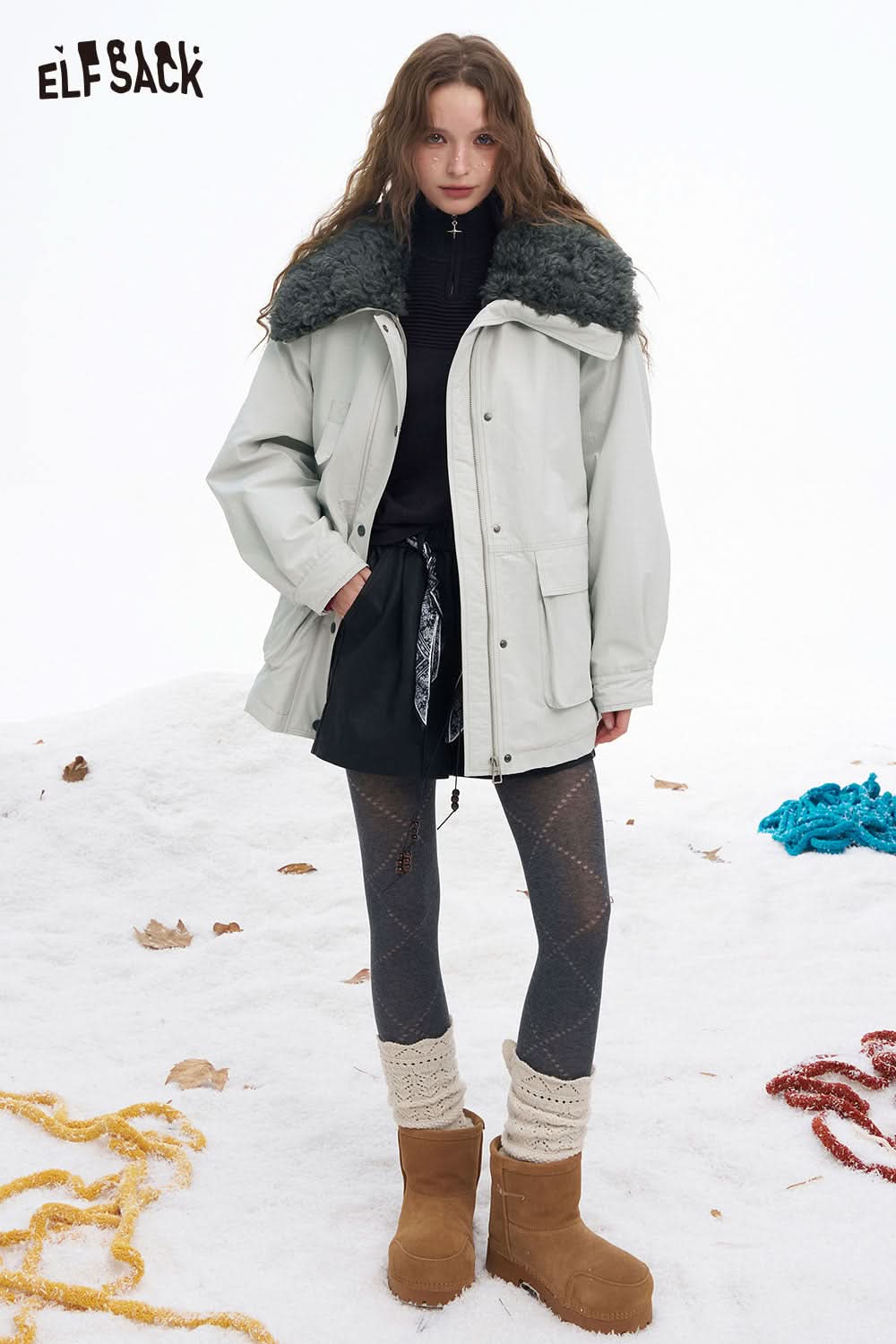 ELFSACK women's plush lapel coat in light gray with a fluffy collar and pockets for winter style