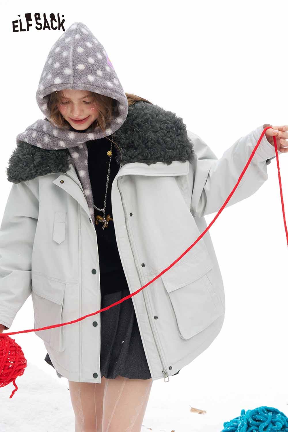 ELFSACK women's plush lapel coat in light gray with a cozy oversized fit and warm details