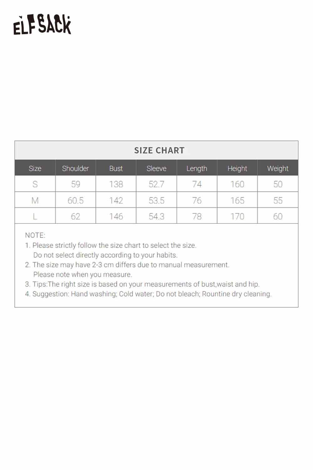 ELFSACK women's plush lapel coat size chart with measurements for fitting guidance