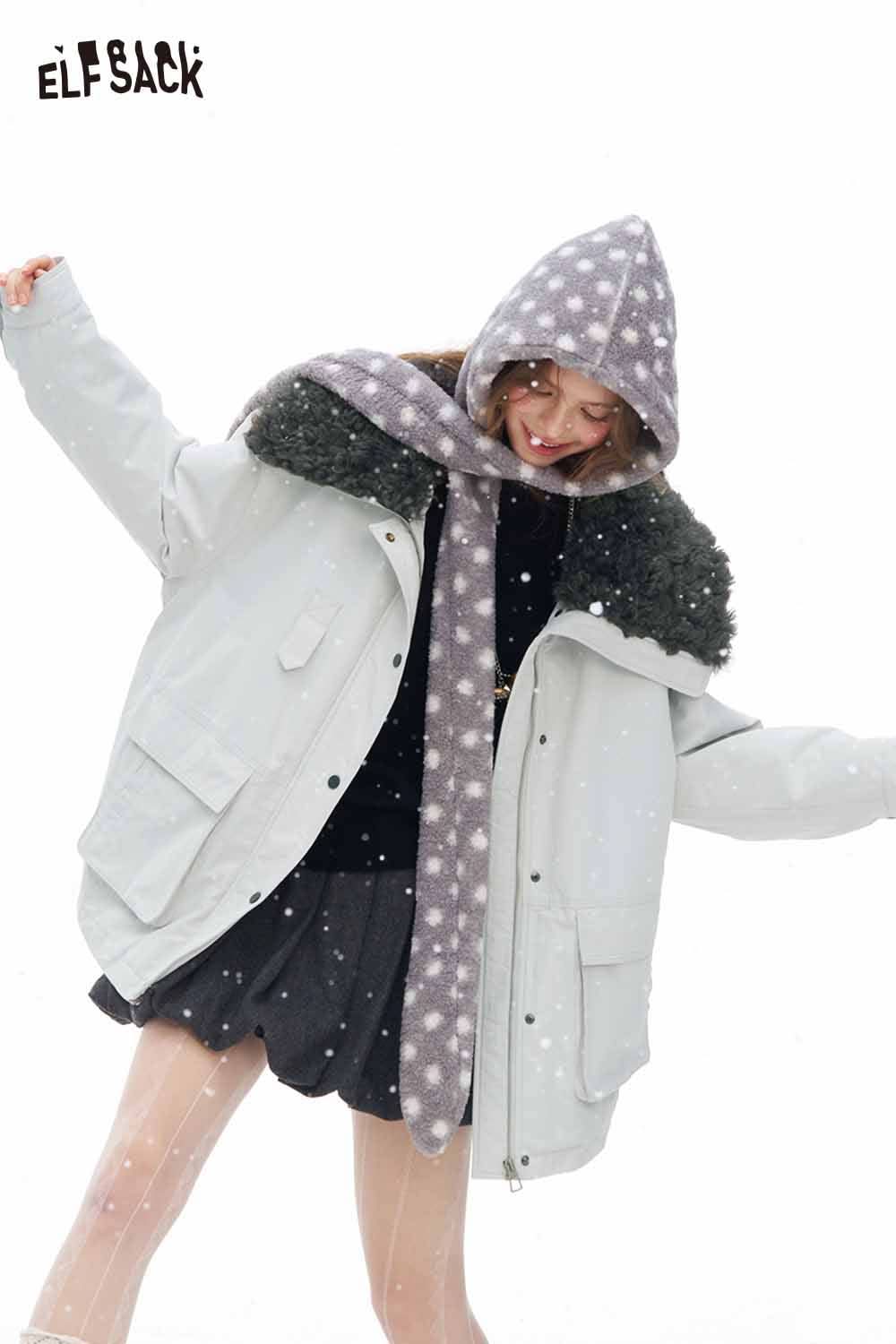 ELFSACK women's plush lapel coat in light grey with a cozy hood and stylish design, perfect for chilly weather.