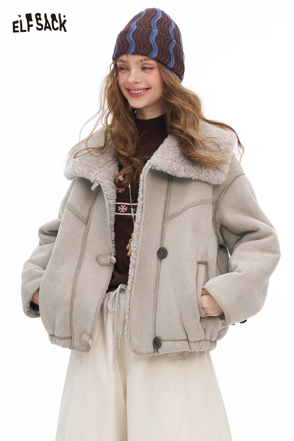 ELFSACK women's plush lapel short coat in light gray with a cozy fluffy collar for stylish warmth