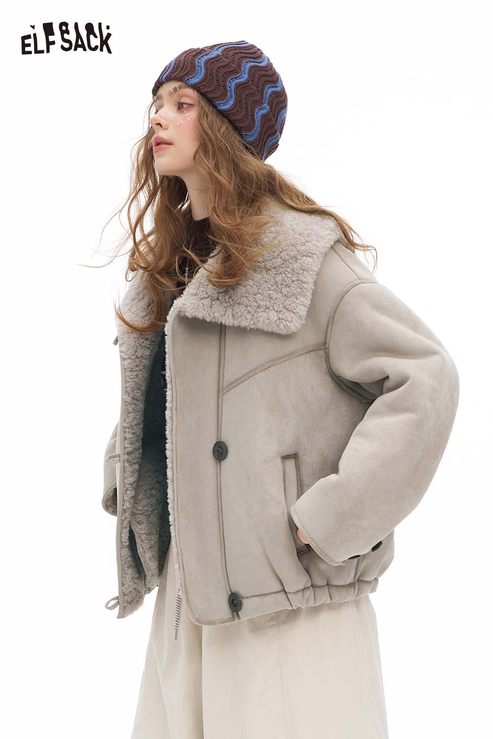 ELFSACK women's plush lapel short coat in light gray with cozy shearling collar for stylish warmth