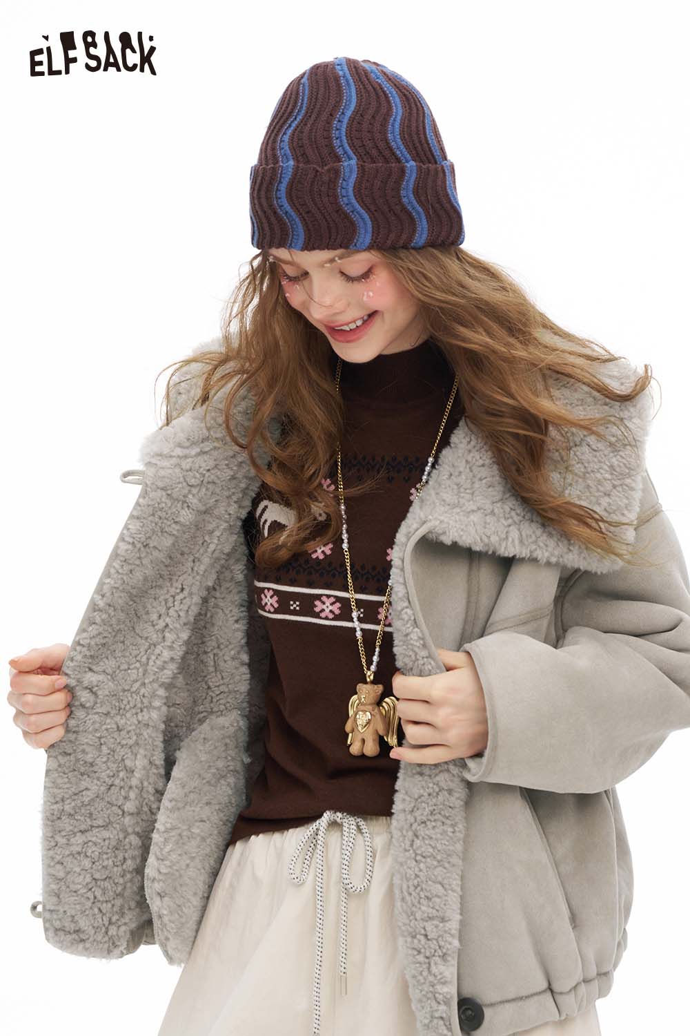 ELFSACK women's plush lapel short coat in gray with a cozy design, perfect for stylish chilly weather.