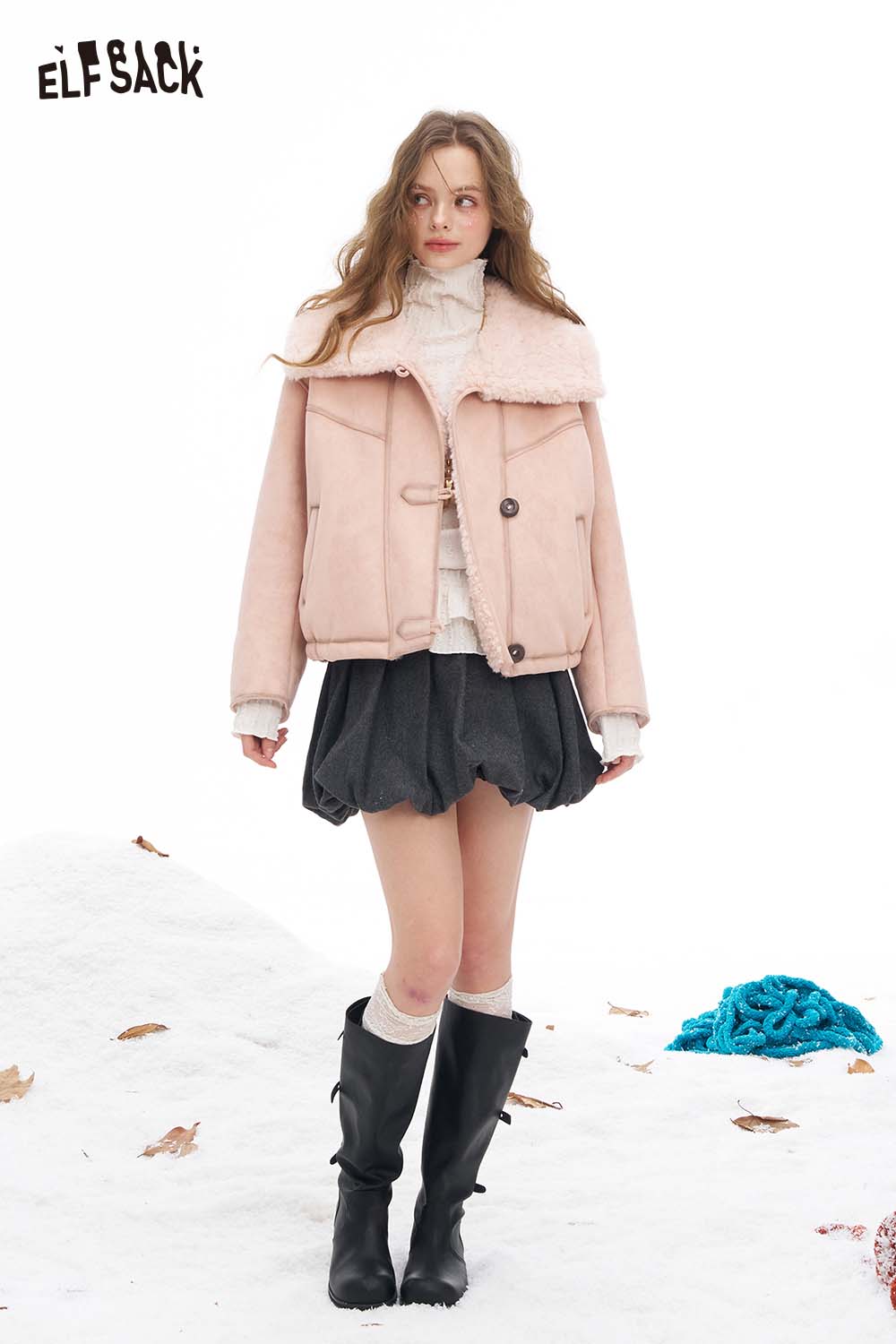 ELFSACK women's plush lapel short coat in pink with a cozy fit and stylish design for winter warmth