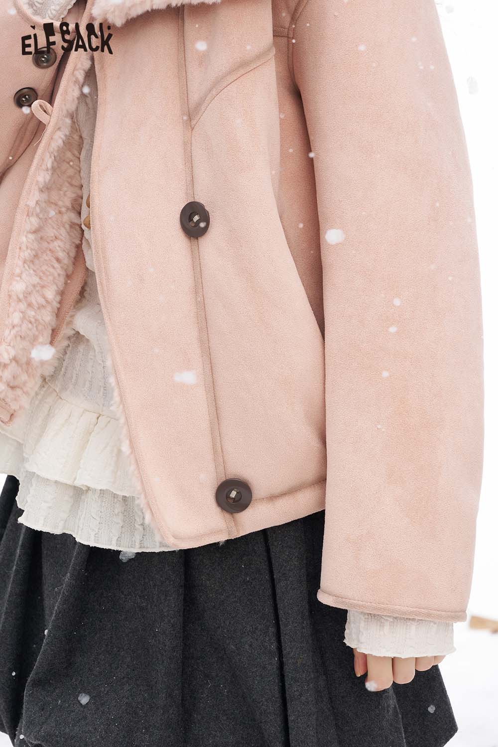 ELFSACK women's plush lapel short coat in soft pink with buttons and cozy texture for winter styling
