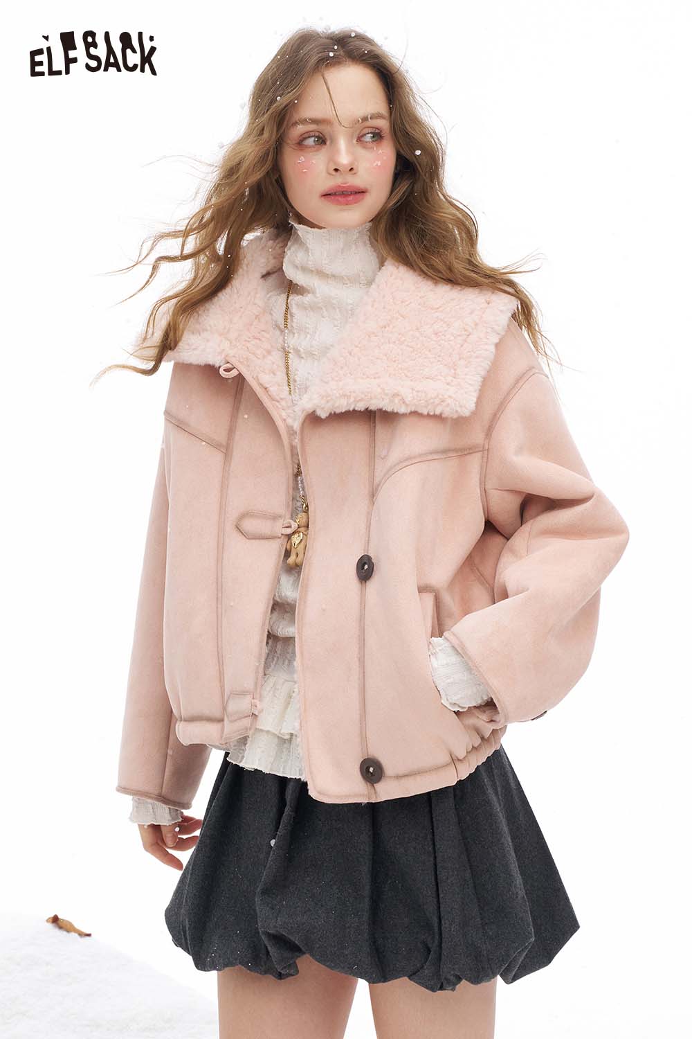 ELFSACK women's plush lapel short coat in soft pink with fleece collar for stylish winter warmth