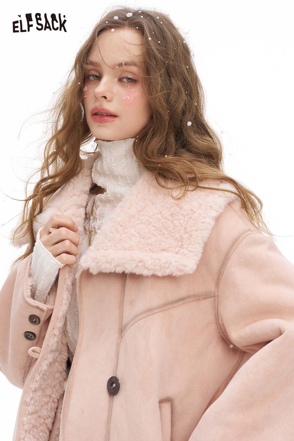 ELFSACK women's plush lapel short coat in soft pink, perfect for stylish winter layering.