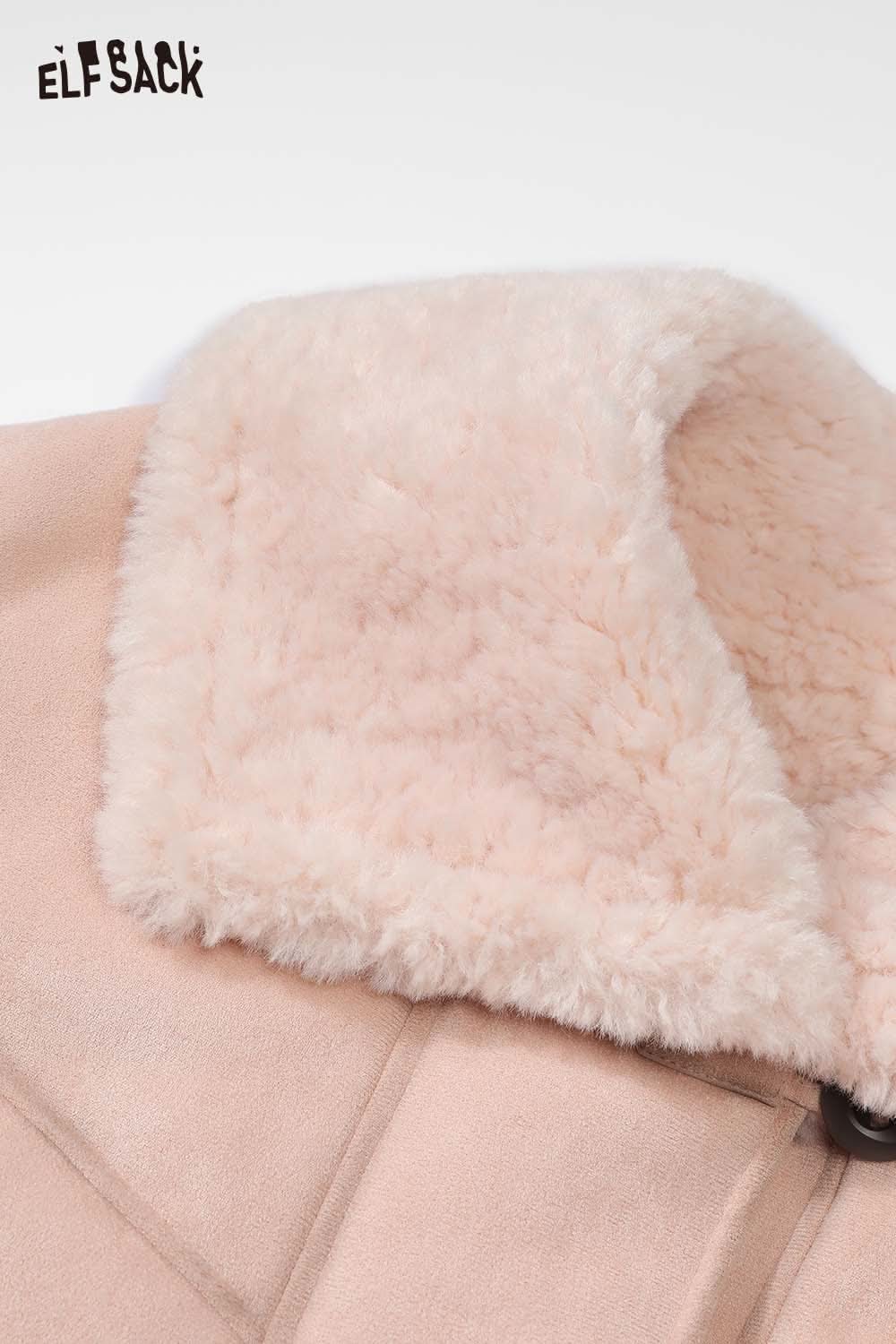 Close-up of ELFSACK women's plush lapel short coat featuring soft, fuzzy collar for added warmth