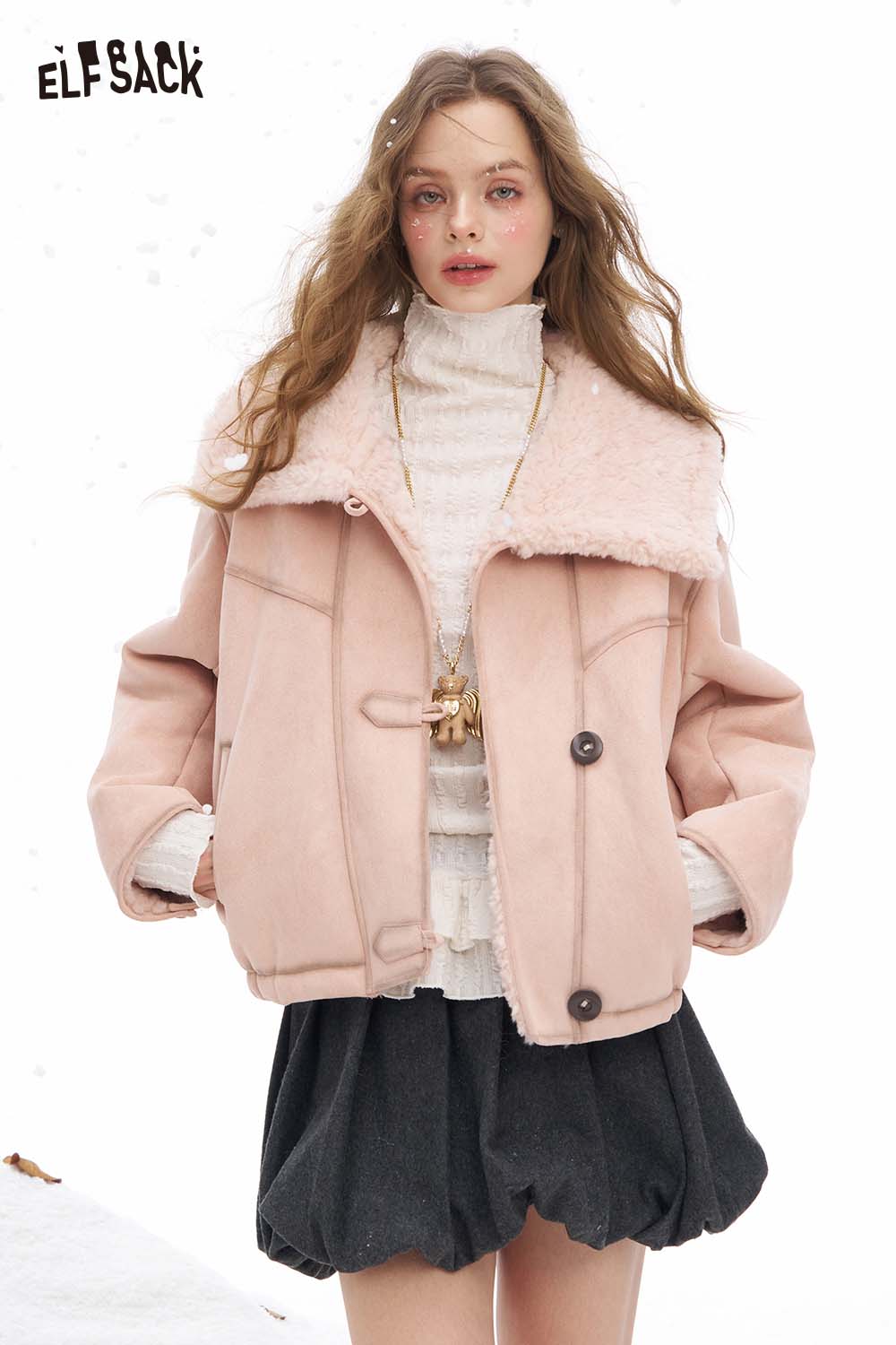ELFSACK women's plush lapel short coat in soft pink with a cozy collar for stylish winter wear