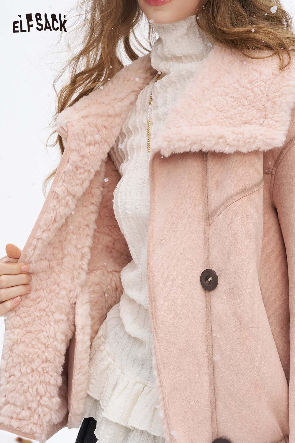 ELFSACK women's plush lapel short coat in soft pink with cozy interior for winter style