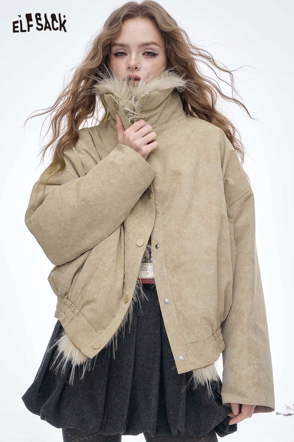 ELFSACK women's plush lined down jacket in beige with fur accents for stylish warmth